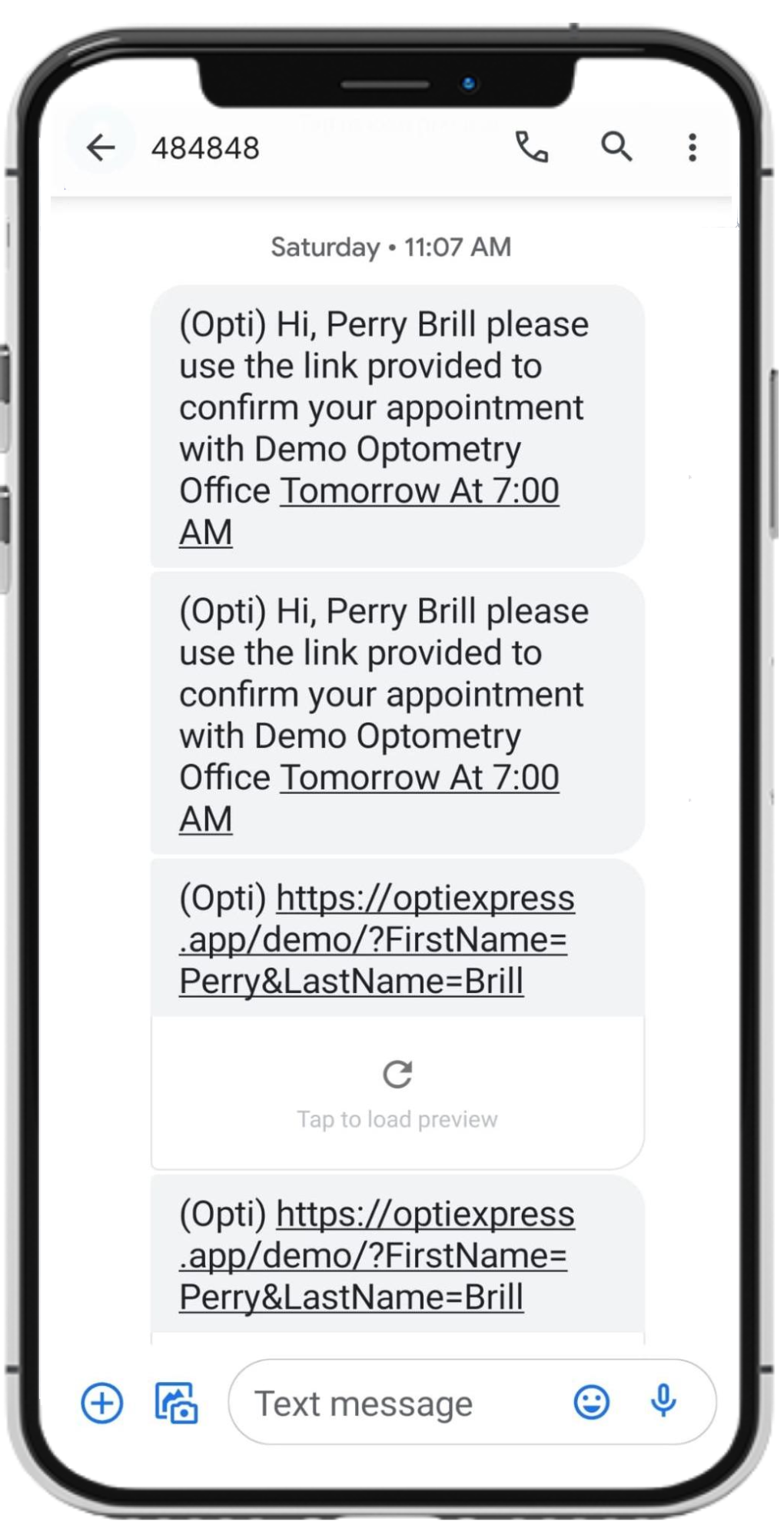 1Your patient will receive a text message with their appt time and link to online forms